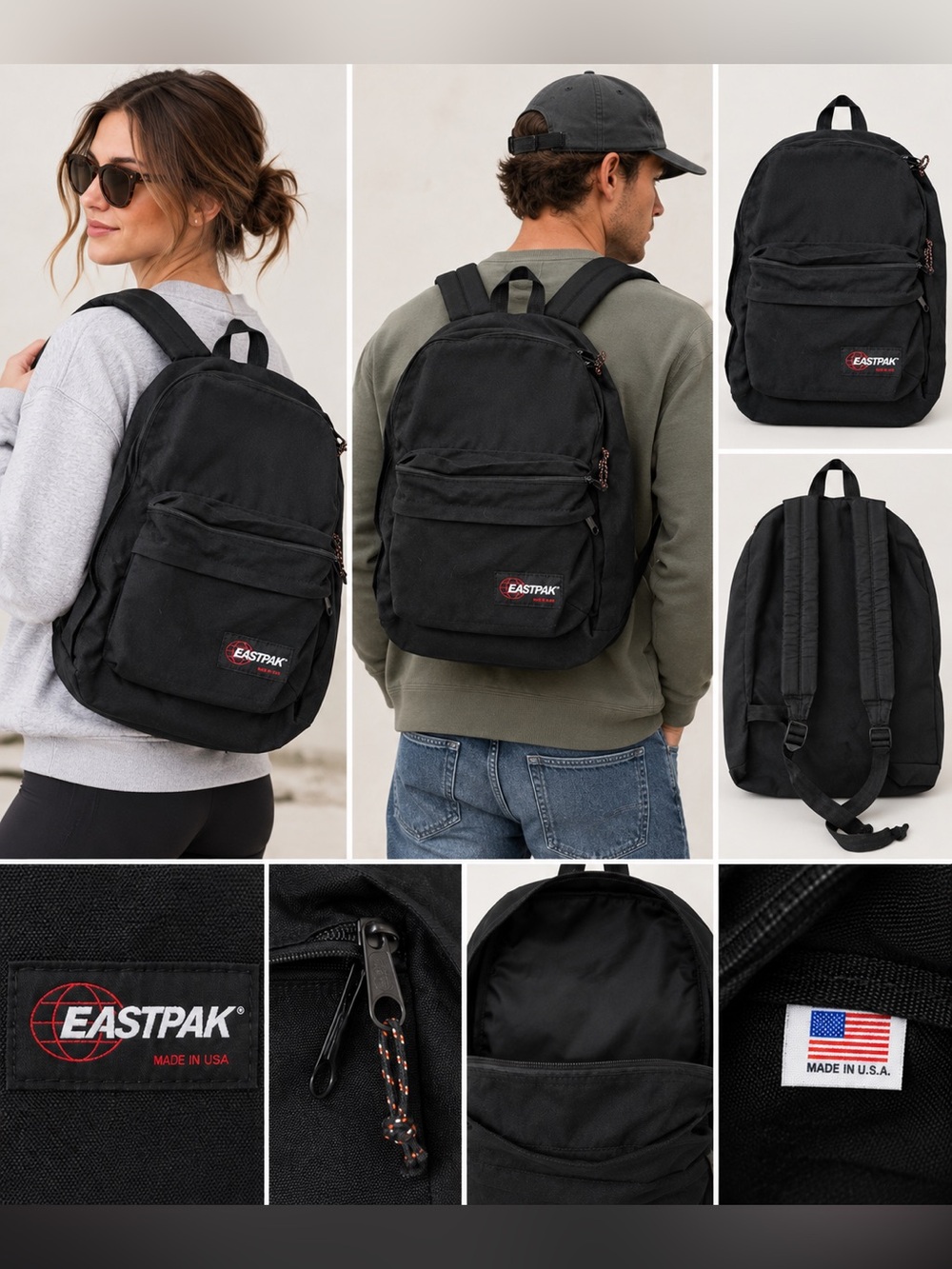 Vintage Eastpak Black Backpack Made in USA Large Oversized School Travel Bag
